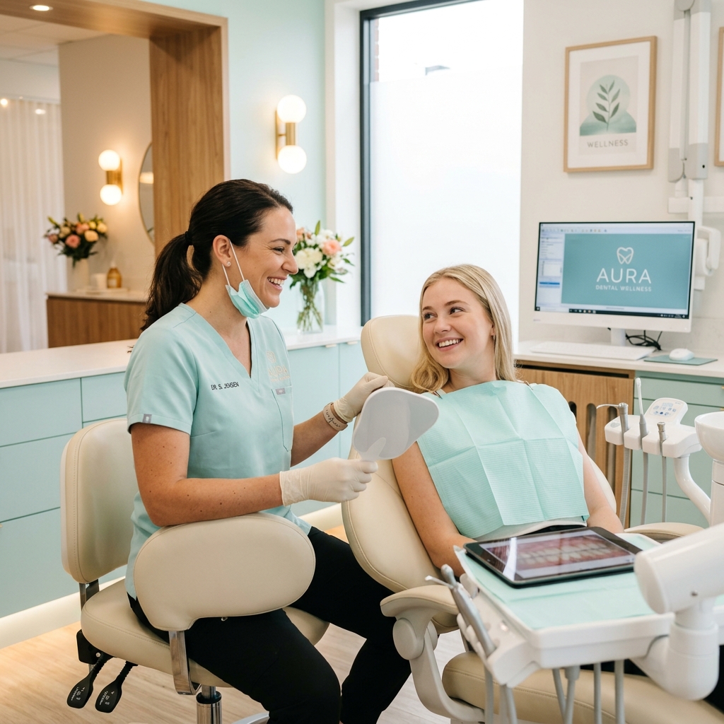 A friendly dentist explaining oral hygiene to a patient in a premium modern dental clinic