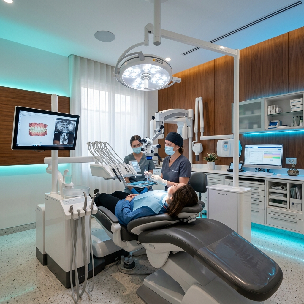 High-tech dental surgery layout with warm lighting in BrightSmile clinic